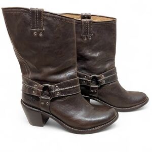 Frye Carmen Harness Distressed Brown Leather Short Moto Boots - Women's Size 11